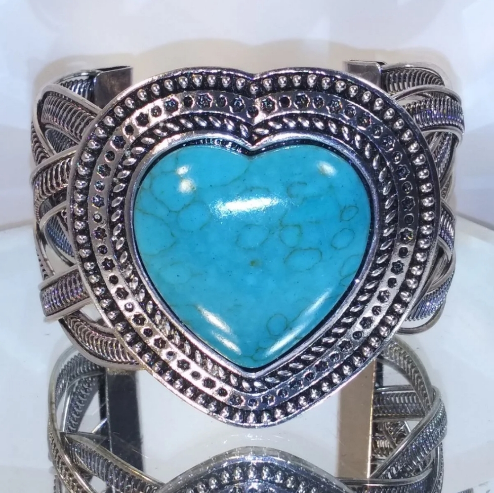 Bold Turquoise Heart Silver Braided Cuff Bracelet